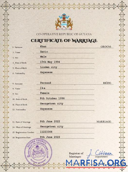 Printable Guyana marriage certificate PSD template